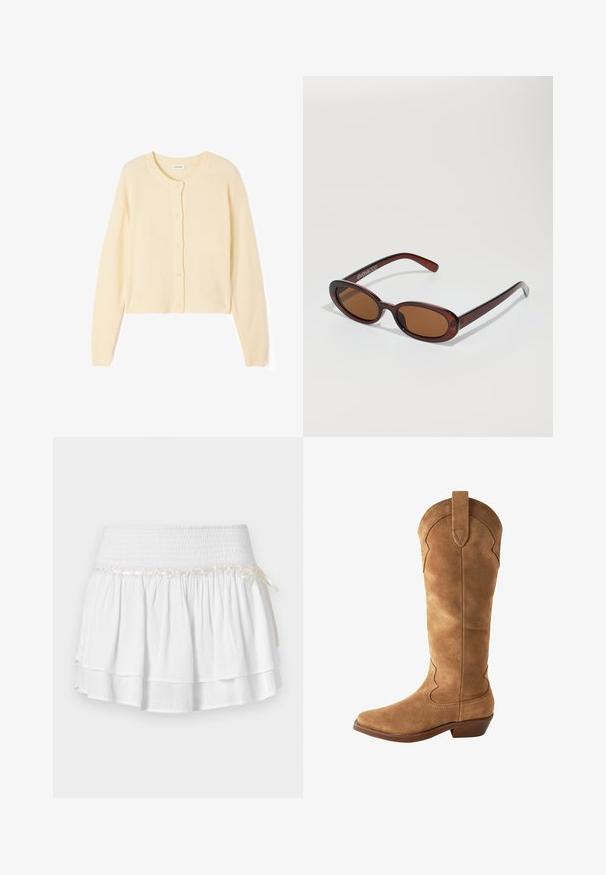 Cardigan cropped color beige chiaro realizzato in morbido tessuto knit, caratterizzato da un colletto rotondo, chiusura a bottoni e polsini e orlo a costine.; Blusa bianca con maniche corte a volant, caratterizzata da un colletto rotondo e un prezioso bordo in pizzo sul petto. Texture a pois in tutto il capo.; Gonna bianca a strati con vita elastica, caratterizzata da un dettaglio in smocking testurizzato e un nastro decorativo. Tessuto di cotone.; Stivale marrone in suede alto fino al ginocchio con punta affusolata, silhouette a parte superiore curva e tacco basso. Presenta cuciture decorative lungo i lati.; Occhiali da sole rotondi con tonalità marrone, montatura lucida color bordeaux. Aste sottili con un sottile dettaglio del marchio. Design delle lenti piatte.