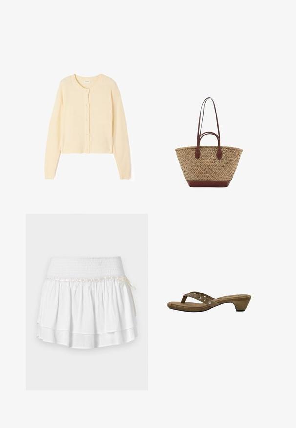 Vaaleanbeige lyhyt neuletakki, joka on valmistettu pehmeästä neuleesta. Siinä on pyöreä kaula-aukko, napitus ja resorit hihoissa sekä helmassa.; Valkoinen hihaton toppi, jossa on brodeerattuja kukkakuviota, olkapäillä röyhelökoristeet ja kerätty peplum-helma. Avainreikä takaklipsi.; Valkoinen kerroksellinen hame, jossa on joustava vyötärö, joka sisältää teksturoidun smokkauksellisen yksityiskohdan ja koristeellisen nauhan. Puuvillakangasta.; Ruske mokasine s potpeticom od suèdea minimalističkog dizajna, s tankim remenom i dekorativnim srebrnim zakovicama te umjerenom stožastom potpeticom.; Kudottu oljetikassi, jossa on punottu rakenne, tummanruskeat nahkakahvat ja pohja, leveä pyöreä muoto ja avoin ylhästä muotoilu.