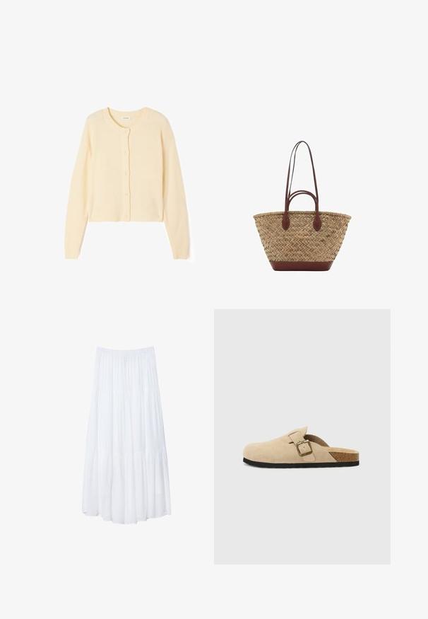 Cardigan court beige clair en tricot doux, avec un col rond, une fermeture à boutons, et des poignets et un ourlet côtelés.; Débardeur blanc sans manches avec des motifs floraux brodés, des accents de volants aux épaules et un ourlet en peplum froncé. Fermeture par ouverture en goutte d'eau au dos.; Jupe maxi blanche à plusieurs niveaux, fabriquée en tissu léger. Elle présente une taille élastique et un design fluide avec une texture douce et subtile.; Sabots en suède beige à enfiler, avec une semelle en liège, un bout arrondi et une bride simple dotée d'une boucle dorée. Semelle en caoutchouc pour une meilleure adhérence.; Sac fourre-tout en paille tissée avec une texture tressée, anses et base en cuir marron foncé, forme circulaire large et design ouvert en haut.