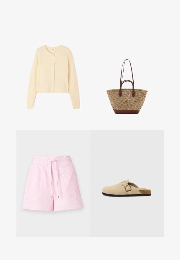 Hellbeige, kurzer Cardigan aus weichem Strickstoff, mit Rundhalsausschnitt, Knopfverschluss sowie gerippten Bündchen und Saum.; Weißes ärmelloses Oberteil mit gestickten Blumenmustern, Rüschendetails an den Schultern und einem gerafften Peplum-Saum. Schlüssel-Loch-Verschluss hinten.; Helle rosa Shorts aus strukturiertem Stoff. Sie besitzen einen elastischen Taillenbund mit Kordelzug und silbernen Enden, die auf Komfort ausgelegt sind.; Beige Wildleder-Slipper mit einem Korkfußbett, runder Zehenpartie und einem einfachen Riemen mit einer goldfarbigen Schnalle. Gummi-Sohle für besseren Halt.; Geflochtene Strohttasche mit geflochtener Textur, dunkelbraunen Ledergriffen und Boden, breiter runder Form und offenes Oberteil.