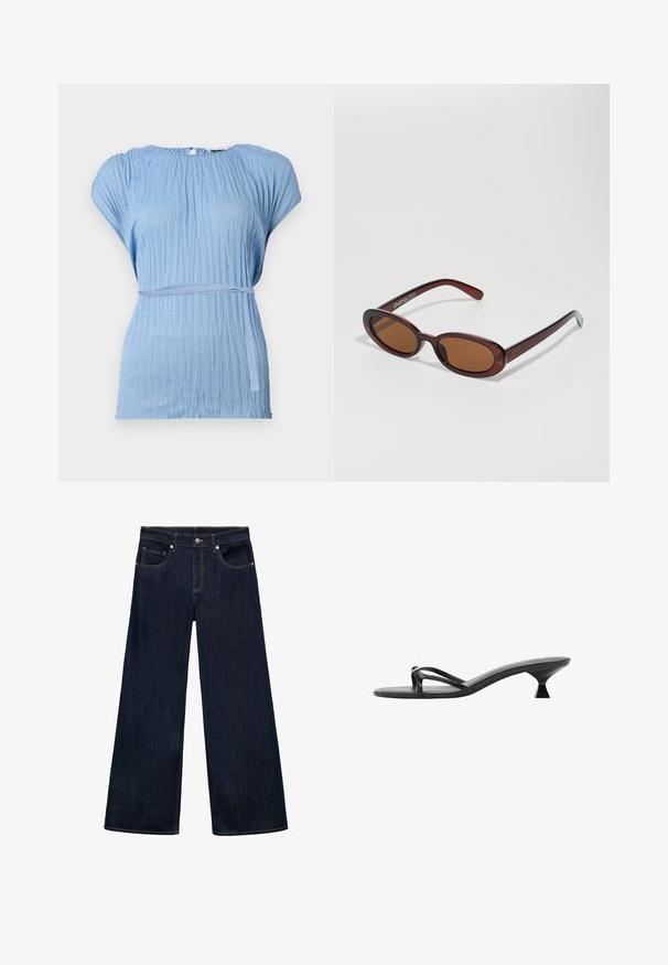 Lichtbeige geknipte cardigan van zachte breistof, met een ronde halslijn, knoopsluiting en ribgebreide manchetten en zoom.; Lichtblauwe blouse met een gestructureerd, geplooid ontwerp en korte mouwen; heeft een bijpassende stoffen ceintuur rond de taille voor accentuering.; Donkerblauwe denim wijde jeans met een hoge taille, voorzien van vijf zakken, metalen knoopsluiting en zichtbare stikselaccenten.; Zwarte hoge hakken sandalen met een elegant ontwerp, dunne bandjes en een unieke driehoekige hak. Glad textuur met een minimalistische uitstraling.; Ronde, bruin getinte zonnebril met een glanzend bordeauxrood frame. Slanke pootjes met subtiele merkdetails. Vlakke lensontwerp.