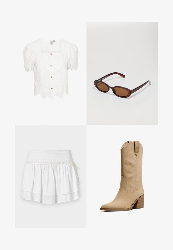 Light beige cropped cardigan made of soft knit fabric, featuring a round neckline, button closure, and ribbed cuffs and hem.; White, short-sleeved blouse with a square neckline. Eyelet fabric with scalloped hem and five buttons down the front. Subtle floral pattern.; White tiered skirt with an elastic waistband, featuring a textured smocking detail and a decorative ribbon accent. Cotton fabric.; Bershka HIGH-HEEL - Cowboy/Biker boots - beige; Round, brown-tinted sunglasses with a glossy burgundy frame. Slim arms with subtle branding detail. Flat lens design.; Woven straw tote bag with braided texture, dark brown leather handles and base, wide circular shape, and open top design.