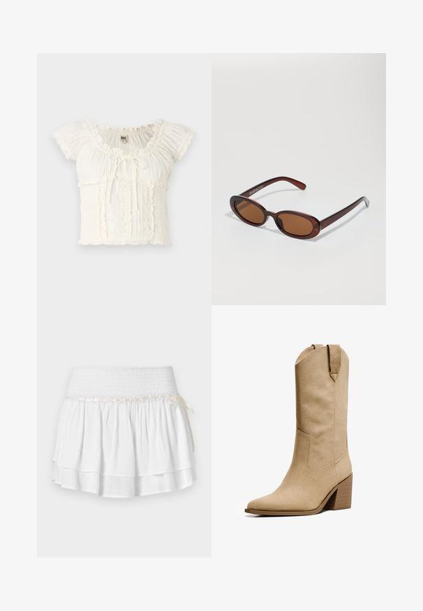 Cardigan cropped color beige chiaro realizzato in morbido tessuto knit, caratterizzato da un colletto rotondo, chiusura a bottoni e polsini e orlo a costine.; Blusa bianca a maniche corte con bordi arricciati, texture arricciata e un laccio regolabile davanti. Tessuto leggero con dettagli sottili.; Gonna bianca a strati con vita elastica, caratterizzata da un dettaglio in smocking testurizzato e un nastro decorativo. Tessuto di cotone.; Bershka HIGH-HEEL - Stivali texani / biker - beige; Occhiali da sole rotondi con tonalità marrone, montatura lucida color bordeaux. Aste sottili con un sottile dettaglio del marchio. Design delle lenti piatte.; Borsa tote in paglia intrecciata con texture a treccia, manici e base in pelle marrone scuro, forma circolare larga e design con apertura superiore.