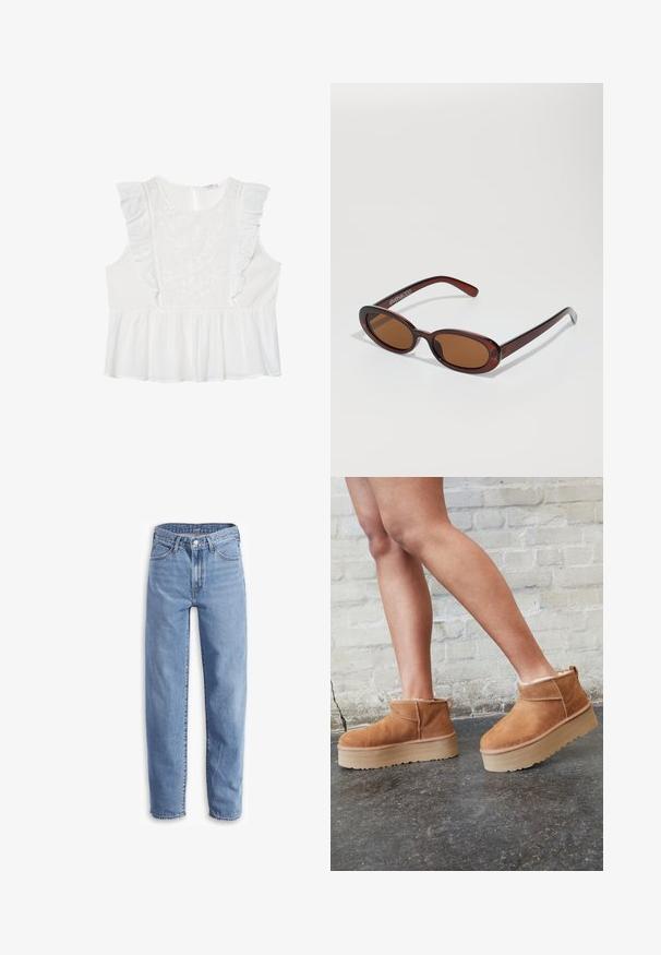 Light beige cropped cardigan made of soft knit fabric, featuring a round neckline, button closure, and ribbed cuffs and hem.; White sleeveless top featuring embroidered floral patterns, ruffle accents on shoulders, and a gathered peplum hem. Keyhole back closure.; Light blue jeans made of denim, with a relaxed fit, straight leg, five-pocket design, and frayed hems for a casual look.; Brown suede ankle boots with a plush lining, thick beige platform sole, and a rear pull tab. Textured surface with visible stitching details.; Round, brown-tinted sunglasses with a glossy burgundy frame. Slim arms with subtle branding detail. Flat lens design.