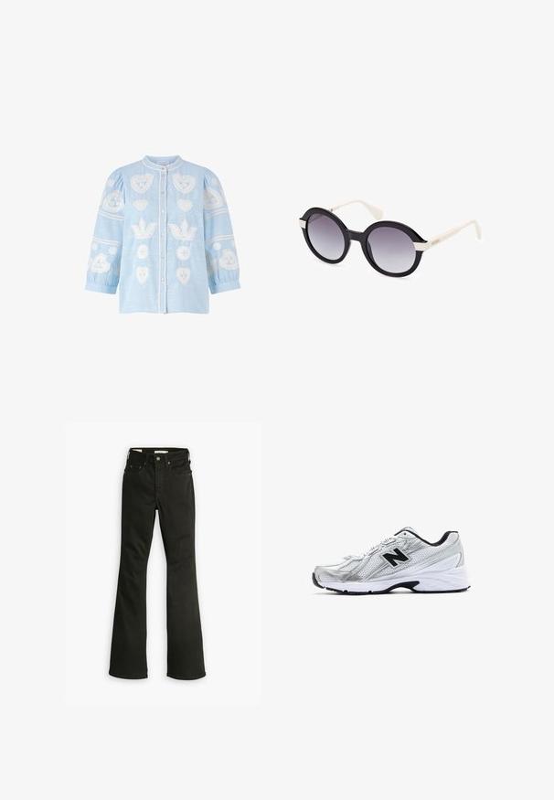 Hellbeige, kurzer Cardigan aus weichem Strickstoff, mit Rundhalsausschnitt, Knopfverschluss sowie gerippten Bündchen und Saum.; Rich & Royal Hemdbluse - skyway blue; Weißes T-Shirt mit kurzen Ärmeln, Rundhalsausschnitt, aus weichem, glattem Baumwollstoff, mit geradem Saum und minimaler Ausstattung. Schlichtes und vielseitiges Design.; Schwarze Schlagjeans aus Denim. Verfügt über ein klassisches Fünf-Taschen-Design mit Reißverschluss, robuster Naht und sauberem Saum.; Silberner Sportschuh aus Mesh-Material, mit schwarzen Akzenten, durchbrochenem Design und einer gepolsterten weißen Sohle. Mit einem auffälligen 'N'-Logo.; Schwarze Kunststoffsonnenbrille mit grauen verlaufenden Gläsern, übergroßer runder Form, weißen Bügeln und einer leichten Wellenverzierung an der Oberseite.; Levi's weißes T-Shirt mit rotem Logo, Jeans Tasche mit blauer Stoff, braunem Tragegurt und einer hellblauen Jeans-Kappe. Einfaches, lässiges Design und Farben.