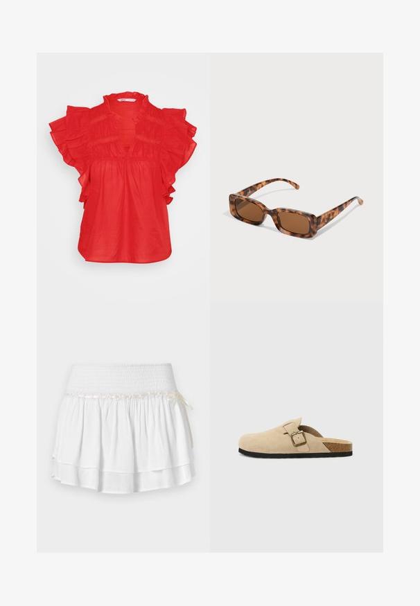 Světle béžový zkrácený kardigan vyrobený z měkké pleteniny, s kulatým výstřihem, zapínáním na knoflíky a žebrovanými manžetami a lemem.; Červená blůza s krátkými volány, véčkovým výstřihem a nabíranou strukturou. Vyrobena z lehkého materiálu, má volný střih.; Bílá skládaná sukně s elastickým pasem, s texturovaným smockingem a dekorativním stužkovým detailem. Bavlněná tkanina.; Béžové semišové klouzavé dřeváky s korkovou stélkou, zaoblenou špičkou a jednoduchým páskem s kovovou sponou v zlatém tónu. Gumová podrážka pro lepší přilnavost.; Kočičí brýle se želvovinovým vzorem, obdélníkové hnědé čočky, silný rám a úzké nožičky s různými odstíny hnědé.; Tkaná slaměná taška s pletenou texturou, tmavě hnědé kožené uchy a dnem, široký kulatý tvar a otevřený vrchní design.