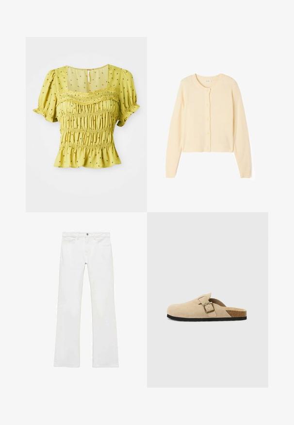 Cardigan cropped color beige chiaro realizzato in morbido tessuto knit, caratterizzato da un colletto rotondo, chiusura a bottoni e polsini e orlo a costine.; Blusa gialla arricciata con maniche corte a palloncino, scollo quadrato, motivi floreali e orlo arricciato. Realizzata in un tessuto leggero e testurizzato.; Jeans bianchi a zampa d'elefante realizzati in cotone morbido, con cinque tasche, chiusura a bottone metallico e passanti per cintura. Le gambe presentano un leggero dettaglio di rifinitura.; Zoccoli beige in suede con piede in sughero, punta rotonda e una semplice fascia con una fibbia dorata. Suola in gomma per una buona aderenza.