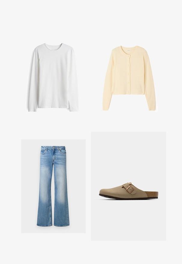 Cardigan cropped color beige chiaro realizzato in morbido tessuto knit, caratterizzato da un colletto rotondo, chiusura a bottoni e polsini e orlo a costine.; T-shirt bianca a maniche lunghe realizzata in cotone morbido. Presenta una scollatura rotonda e un taglio dritto con cuciture minime e senza loghi o motivi visibili.; Jeans in denim blu chiaro a zampa d'elefante con una texture sbiadita, vita alta e design a cinque tasche, dotati di chiusura con bottone e zip.; Zoccoli beige con punta arrotondata, accentati da una fibbia regolabile e con tappetino in sughero. Superficie texturizzata con suola in gomma nera per una migliore aderenza.