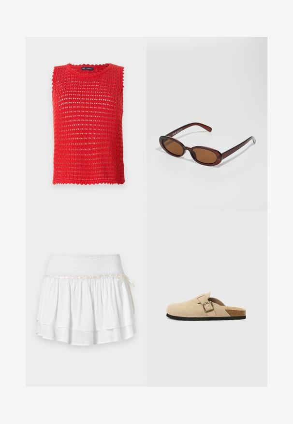 Lichtbeige geknipte cardigan van zachte breistof, met een ronde halslijn, knoopsluiting en ribgebreide manchetten en zoom.; Rode mouwloze gebreide top met open geweven ontwerp, gegolfde randen en ronde halslijn. Lichtgewicht stof, ideaal voor warm weer.; Witte, gelaagde rok met een elastische tailleband, voorzien van een gestructureerde smockdetail en een decoratieve lintaccent. Katoenen stof.; Beige suède instapklompen met een kurken voetbed, een ronde teen en een eenvoudige band met een goudkleurige gesp. Rubberen zool voor grip.; Ronde, bruin getinte zonnebril met een glanzend bordeauxrood frame. Slanke pootjes met subtiele merkdetails. Vlakke lensontwerp.; Geweven rieten tas met bruin lederen accenten, twee handvatten en een afneembare schouderband. Gebogen vorm met een stevige basis.