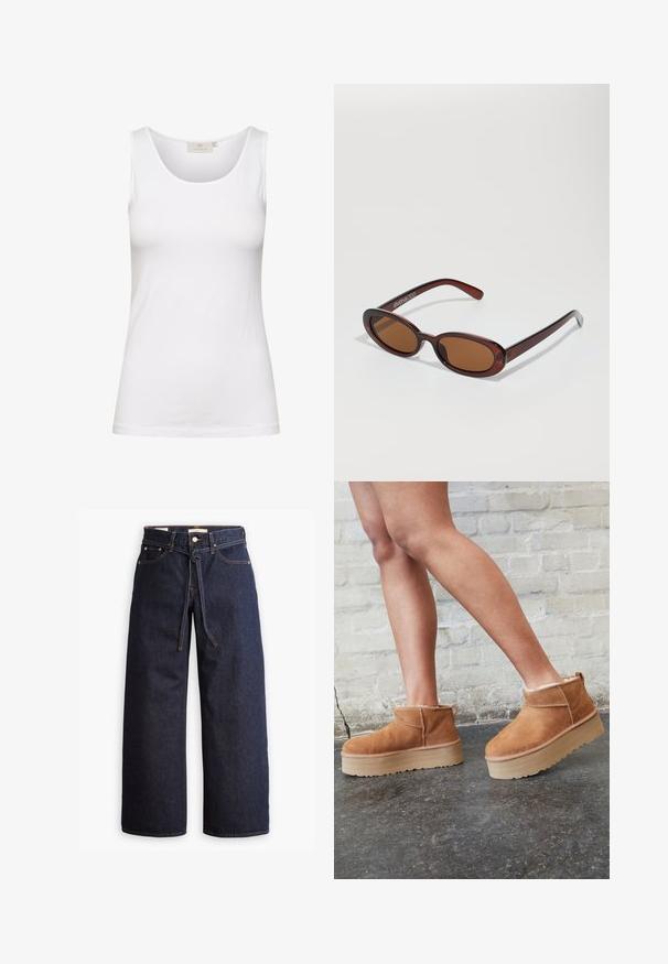 Lys beige kort cardigan lavet af blødt strikket stof, med rund halsudskæring, knaplukning og ribbede manchetter og kant.; Hvid bomulds tanktop med scoop halsudskæring og slim fit. Viser en glat tekstur og minimal syning, velegnet til lagdeling.; Bredde ben mørkeblå denim jeans med høj talje, der har snoretræk, fem lommer og kontrastsyet detaljer.; Brune ruskinds ankelsko med en blød foring, tyk beige plattformsål og en bageste løkke. Tekstureret overflade med synlige sømdetaljer.; Runde, bruntonede solbriller med en glansfuld bordeauxramme. Slanke arme med diskret brandingdetalje. Flad linsedesign.