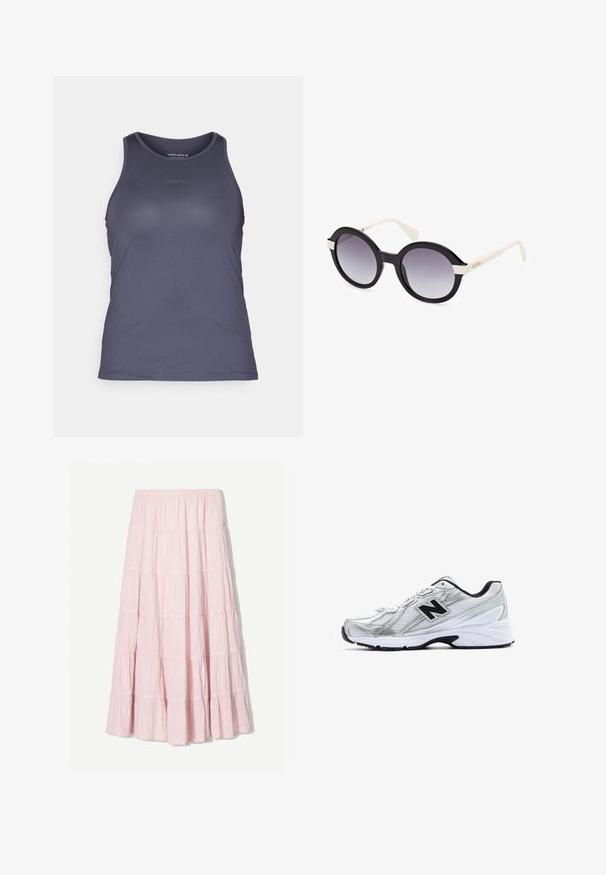 Světle béžový zkrácený kardigan vyrobený z měkké pleteniny, s kulatým výstřihem, zapínáním na knoflíky a žebrovanými manžetami a lemem.; Tmavě fialový sportovní top s kulatým výstřihem, hladkou texturou a decentním vyraženým logem 'BORG' na přední straně. Design s vykrojenými zády.; Světle růžová, vrstvená maxi sukně vyrobená z texturované, lehké látky. Elastický pas a volný lem se zdobením v podobě volánků.; Stříbrná sportovní bota z materiálu se síťovinou, černé akcenty, perforovaný design a polstrovaná bílá podrážka. Má výrazné logo 'N'.; Černé plastové sluneční brýle s gradientními šedými skly, výrazný kulatý tvar, bílé straničky a lehký vlnitý detail na vrchu.; Bílá tričko Levi's s červeným logem, džínsová taška s modrou látkou, hnědým popruhem a světle modrou džínsovou kšiltovkou. Jednoduchý, ležérní design a barvy.