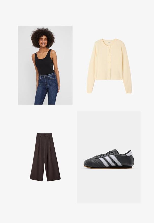 Cardigan cropped color beige chiaro realizzato in morbido tessuto knit, caratterizzato da un colletto rotondo, chiusura a bottoni e polsini e orlo a costine.; Body senza maniche nero con scollo arrotondato, abbinato a jeans in denim blu scuro. Tessuto liscio con design aderente e dettagli minimi.; Pantaloni neri a gamba larga con vita alta, caratterizzati da pieghe frontali e chiusura con bottone in vita, realizzati in tessuto liscio.; Scarpa sportiva in pelle nera con strisce bianche, punta rotonda, suola piatta e chiusura con lacci. Presenta perforazioni per la traspirabilità.
