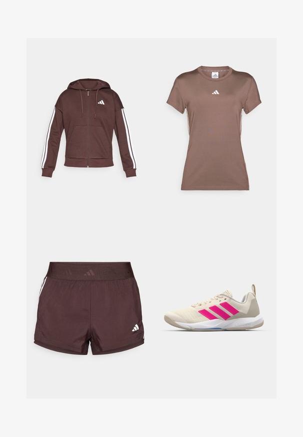 Brun zip-up hette laget av mykt stoff, med en stor frontlomme, hvite sidestreker og en liten hvit logo på brystet.; adidas Performance T-skjorte til trening - earth strata/white; Brune idrettsshorts med strukturert elastisk midjebånd, med hvite sidestropper og en liten logo på nedre høyre kant.; Beige atletik sko med rosa tre-stripes logo, teksturert mesh-overdel, polstret krage og hvit gummisåle, med "LIGHTSTRIKE" merke.
