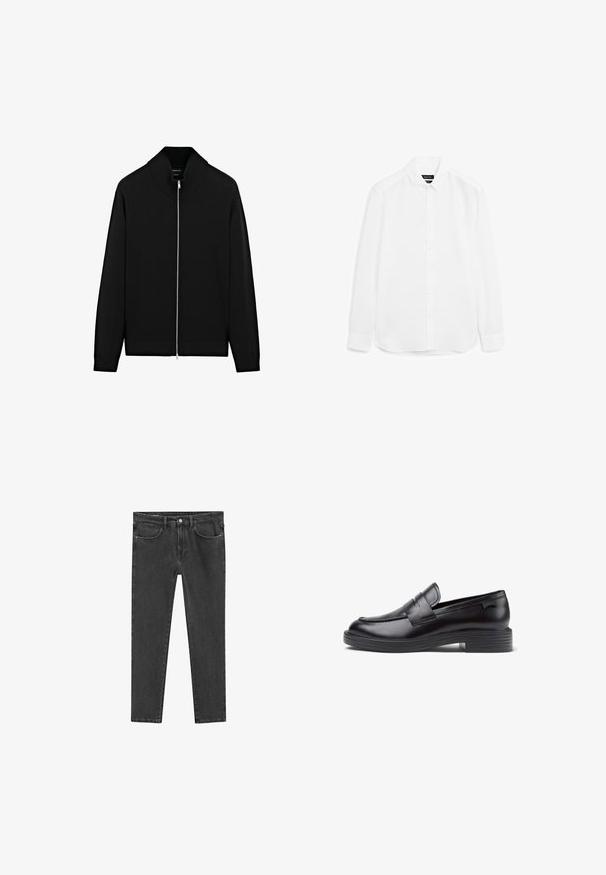 Schwarze Strickjacke mit hohem Kragen und durchgehendem Reißverschluss. Aus einem glatten Stoff gefertigt, mit gerippten Bündchen und Saum. Einfaches Design.; Weißes Langarmhemd aus glattem Stoff, mit button-up Front, spitzem Kragen und abgerundetem Saum mit geknöpften Bündchen.; Schwarze Denim-Jeans mit geradem Bein, fünf Taschen und einem Frontverschluss mit einem Metallknopf und einem Reißverschluss. Weicher, strukturierter Stoff.; Schwarze Lederloafers mit niedrigem geripptem Absatz, abgerundeter Spitze, dekorativen gestickten Akzenten und einem Detail mit vorderem Riemen. Glatte Textur.