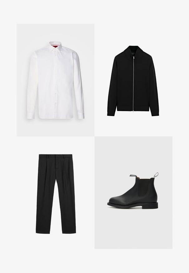 Schwarze Strickjacke mit hohem Kragen und durchgehendem Reißverschluss. Aus einem glatten Stoff gefertigt, mit gerippten Bündchen und Saum. Einfaches Design.; Weißes langärmliges Hemd aus Baumwolle mit klassischem Kragen, Knopfleiste vorne und glatter Textur. Rote Details im inneren Kragen.; Schwarze plissierte Hose aus einem glatten Stoff, mit einem traditionellen Bund und geradem Bein. Keine sichtbaren Muster oder Metallteile.; Schwarze Leder-Chelsea-Boots mit elastischen Seitenpaneelen, runder Zehenform und Zuglasche. Verfügt über einen niedrigen Blockabsatz und eine glatte Textur.