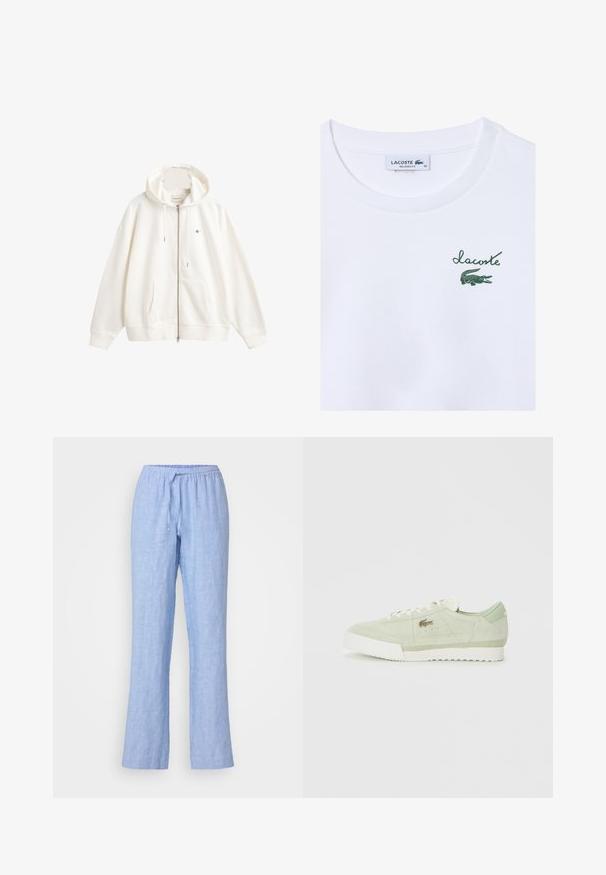 Biela mikina na zips vyrobená z mäkkej tkaniny, s kapucňou na stiahnutie, dvoma prednými vreckami a malým logom na ľavej hrudi.; Biela bavlnená tričko s uvoľneným strihom; má zelené logo "Lacoste" a grafiku krokodíla na ľavej strane hrudníka.; Samsøe Samsøe HOYS STRING TROUSERS - Nohavice - mid blue; Svetlozelené semišové tenisky s bielou podrážkou a šnúrkami, nízkoprofilový dizajn a malý kovový logo na boku.