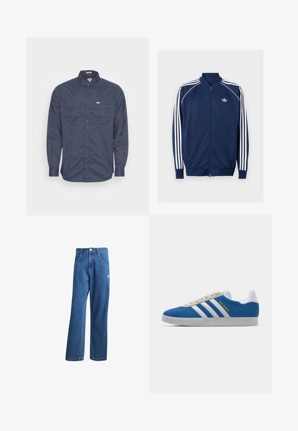 Casaco azul marinho com fecho zip, feito de tecido suave. Apresenta um design de três riscas brancas nas mangas e um logo branco no peito.; Pepe Jeans PIERSON - Camisa - dulwich; Calças de ganga azul com cintura alta e perna larga, com bolsos frontais, passadores de cinto, fecho de botão e pequeno logótipo da Adidas na coxa direita.; adidas Originals ADIDAS GAZELLE SHOES - Botas de futebol de salão - real madrid/bluebird/footwear white/crew yellow