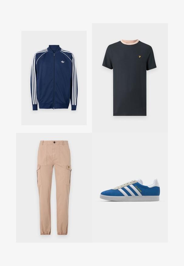 Tumesinine tõmblukuga jakk, mis on valmistatud siledast kangast. Omab valget kolme riba disaini varrukatel ja valget logo rinnal.; Tume sinine lühikeste varrukatega T-särk, kontrastse helekollase soonikkoega kraega ja väike kuldne embleem rinnal. Pehme puuvillane materjal.; Beige cargo püksid, millel on slim fit, kahes külgpockets ja elastsed mansetid. Pehme puuvillane kangas, lihtne disain ilma mustriteta.; adidas Originals ADIDAS GAZELLE SHOES - Saalijalgpalli saapad - real madrid/bluebird/footwear white/crew yellow