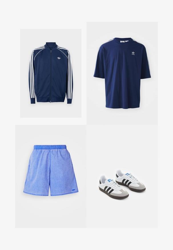 Tumesinine tõmblukuga jakk, mis on valmistatud siledast kangast. Omab valget kolme riba disaini varrukatel ja valget logo rinnal.; Tumesinine puuvillane T-särk lühikeste varrukatega, ümmarguse kaelusega, kolme valge triibuga õlgadel ja väikese valge logoga rinnal.; Heledad sinised lühikesed püksid, elastse vöökoha, küljetaskute ja väikese logodetailiga. Kangas näib olevat pehme, delikaatse tekstuuriga.; Spordijalatsid valge nahkpealsega, halli nubuk-naha otsaga ja kolme musta triibuga. Omab sinist logo keele peal ja struktureeritud kummitalda.