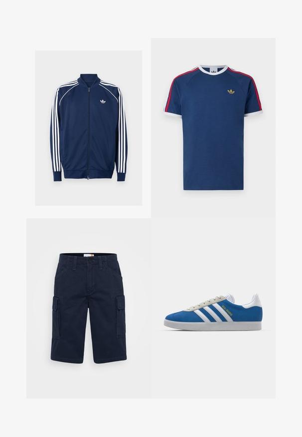 Mørkeblå hettejakke med glidelås laget av glatt stoff. Har hvit tre-stripes design på ermene og en hvit logo på brystet.; Marineblå T-skjorte laget av myk bomull, med hvite og røde striper på ermene, rund hals og en liten gulllogo på brystet.; Marine cargo shorts laget av bomull, med sidelommer, knappelukking og sømdetaljer. Rett snitt med kne-lengde kant.; adidas Originals ADIDAS GAZELLE SHOES - Innendørsfotballsko - real madrid/bluebird/footwear white/crew yellow