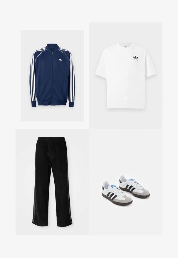 Casaco azul marinho com fecho zip, feito de tecido suave. Apresenta um design de três riscas brancas nas mangas e um logo branco no peito.; T-shirt de algodão branco com mangas curtas, apresentando um logótipo preto "BASKETBALL" e o icónico design de três riscas na parte da frente.; Calças de cotone preto com um corte descontraído, apresentando um cós elástico e riscas laterais. Textura suave com detalhe de nervuras verticais.; Ténis desportivos com um cabedal em pele branca, biqueira em camurça cinza e três riscas pretas. Apresenta um logo azul na língua e uma sola de borracha texturizada.