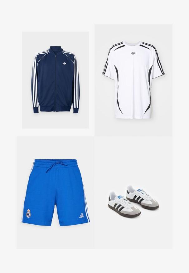 Temno modra zip-jakna iz gladkega materiala. Ima beli trideln design na rokavih in bel logo na prsih.; Bela kratka majica s kratkimi rokavi, ki ima črne stranske akcentne in tri črne črte na ramenskih delih. Vključuje majhen črn logotip na prsih.; adidas Performance REAL MADRID DNAWAY SHORTS - Klubska moštva - collegiate royal; Športni čevlji z belim usnjenim zgornjim delom, sivim semišem na prstih in tremi črnimi črtami. Imajo modro logo na jeziku in teksturiran gumijast podplat.