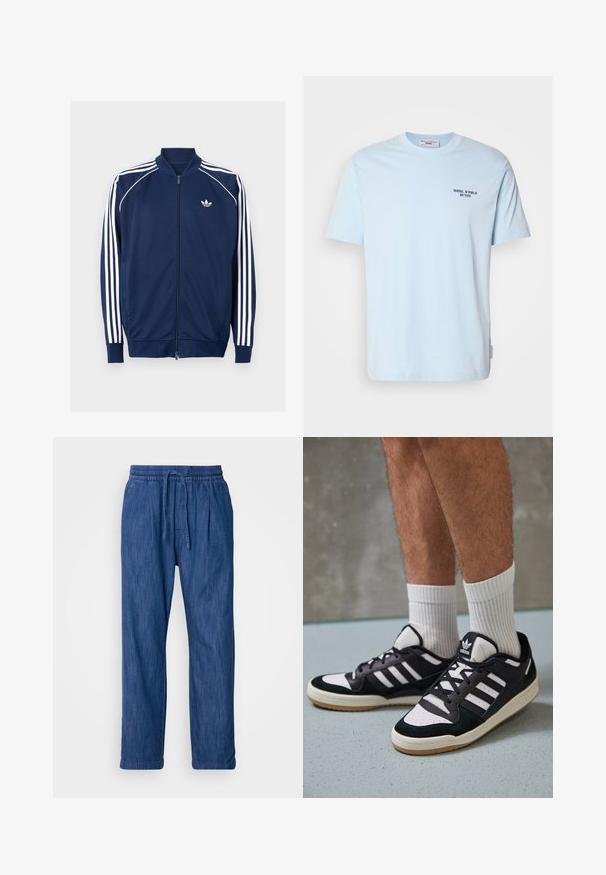 Chaqueta azul marino de cremallera, hecha de tejido suave. Presenta un diseño de tres rayas blancas en las mangas y un logo blanco en el pecho.; Camiseta de algodón de cuello redondo en azul claro, con mangas cortas y una pequeña impresión oscura que dice "MARC O'POLO DENIM" en el pecho.; Pantalones de mezclilla azul con cintura elástica y cordón ajustable. Corte recto sin bolsillos visibles ni adornos. Textura suave.; Zapatillas en blanco y negro con parte superior de ante y cuero, que presentan tres franjas blancas, una puntera perforada y una suela de goma.