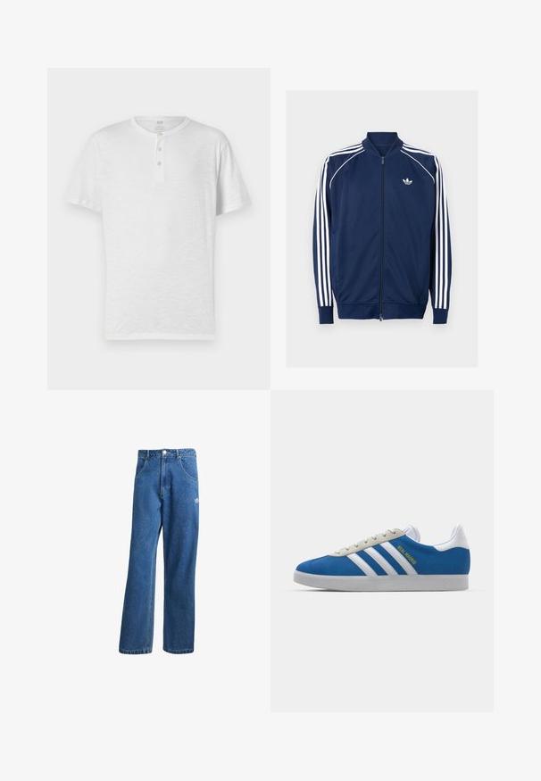 Mornarsko plava jakna na zip od glatkog materijala. Ima bijeli dizajn s tri pruge na rukavima i bijeli logo na prsima.; Bijela kratka majica s kratkim rukavima henley stila s trostrukim gumbima, izrađena od lagane, blago teksturirane tkanine. Okrugli izrez, ležeran kroj.; Plave farmerke visokog struka sa širokim nogavicama, prednjim džepovima, petljama za remen, zatvaranjem na dugme i malim Adidas logotipom na desnom bedrima.; adidas Originals ADIDAS GAZELLE SHOES - Dvoranske nogometne kopačke - real madrid/bluebird/footwear white/crew yellow