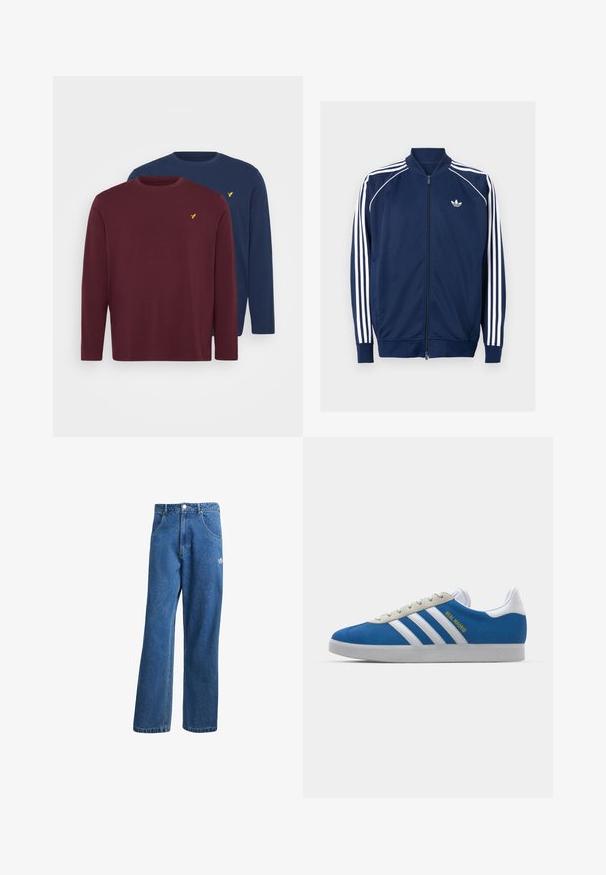 Giacca con zip blu navy realizzata in tessuto morbido. Presenta un design a tre strisce bianche sulle maniche e un logo bianco sul petto.; Pier One 2 PACK - Maglietta a manica lunga - bordeaux/dark blue; Jeans di denim a vita alta e gamba larga blu, con tasche frontali, passanti per cintura, chiusura a bottone e piccolo logo Adidas sulla coscia destra.; adidas Originals ADIDAS GAZELLE SHOES - Scarpe da calcio indoor - real madrid/bluebird/footwear white/crew yellow