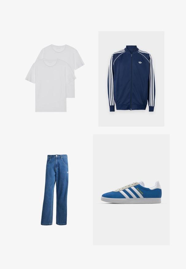 Casaco azul marinho com fecho zip, feito de tecido suave. Apresenta um design de três riscas brancas nas mangas e um logo branco no peito.; Duas t-shirts brancas de algodão com gola redonda, mangas curtas e uma textura suave. Ambas apresentam uma cor sólida e sem padrões ou metais visíveis.; Calças de ganga azul com cintura alta e perna larga, com bolsos frontais, passadores de cinto, fecho de botão e pequeno logótipo da Adidas na coxa direita.; adidas Originals ADIDAS GAZELLE SHOES - Botas de futebol de salão - real madrid/bluebird/footwear white/crew yellow
