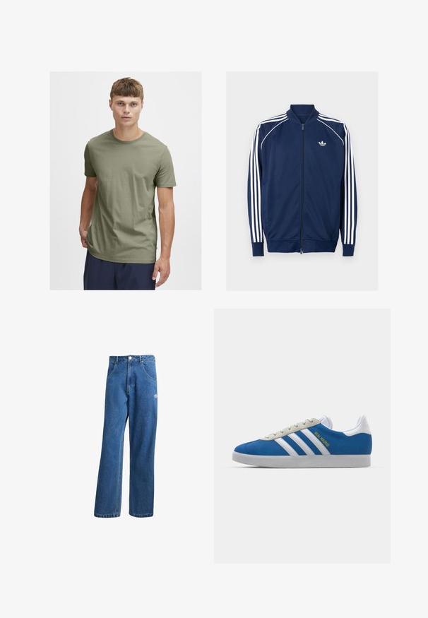 Navy blue zip-up jacket made of smooth fabric. Features white three-stripe design on sleeves and a white logo on the chest.; Olive green cotton t-shirt with a crew neckline and short sleeves; lightweight, smooth texture; no patterns or visible hardware details.; Blue high-waist wide-leg denim jeans with front pockets, belt loops, button closure, and small Adidas logo on the right thigh.; adidas Originals ADIDAS GAZELLE SHOES - Indoor football boots - real madrid/bluebird/footwear white/crew yellow