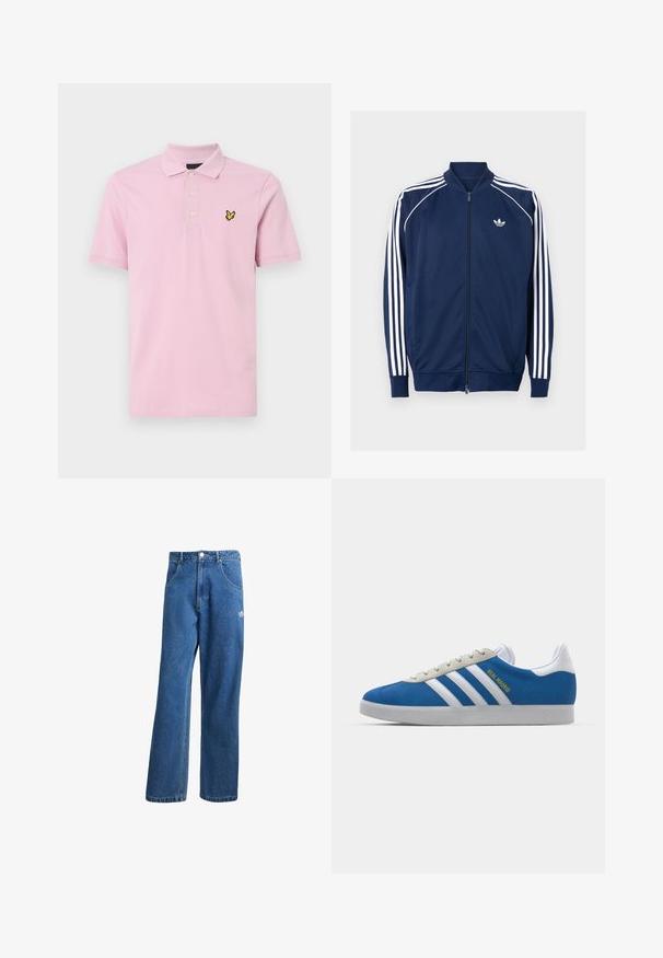 Tamsiai mėlynas užtrauktuku užsegamas džemperis, pagamintas iš lygaus audinio. Jame yra baltos trijų juostelių dizainas ant rankovių ir baltas logotipas ant krūtinės.; Šviesiai rožinė polo marškinėlių, pagamintų iš medvilnės, su klasikiniu apykaklės dizainu, trimis mygtukais ir geltonu siuvinėtu logotipu kairėje krūtinės pusėje.; Mėlynos aukštu liemeniu plačios džinsinės kelnės su priekinėmis kišenėmis, diržo kilpos, sagčių uždarymu ir mažu Adidas logotipu dešinėje šlaunyje.; adidas Originals ADIDAS GAZELLE SHOES - Salės futbolo bateliai - real madrid/bluebird/footwear white/crew yellow
