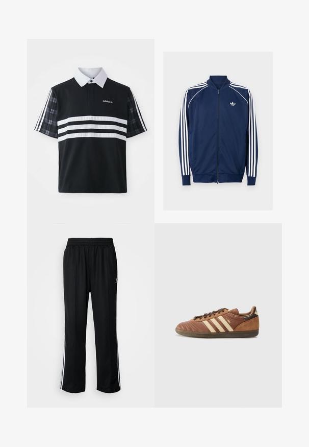 Casaco azul marinho com fecho zip, feito de tecido suave. Apresenta um design de três riscas brancas nas mangas e um logo branco no peito.; Camisa polo preta com riscas brancas e logótipo; apresenta mangas curtas em padrão xadrez e um colarinho branco com botão.; Calças atléticas pretas com um cós elástico, apresentando riscas brancas laterais e um pequeno logótipo. O material parece macio e leve.; adidas Originals SAMBA UNISEX - Sapatilhas - preloved brown/sand strata/dark brown