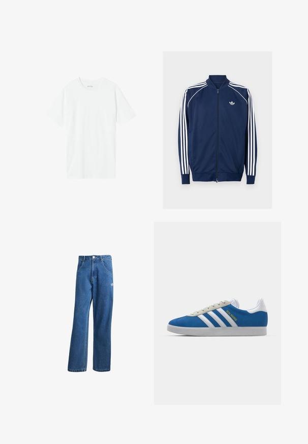 Námořnická modrá zipová bunda vyrobená z hladkého materiálu. Obsahuje bílý design se třemi pruhy na rukávech a bílou logo na hrudi.; Bílý bavlněný tričko s kulatým výstřihem a krátkými rukávy, s hladkou strukturou a uvolněným střihem. Žádné vzory ani akcenty nejsou viditelné.; Modré vysoké široké džíny s vysokým pasem, předními kapsami, poutky na opasek, knoflíkovým zapínáním a malým logem Adidas na pravém stehně.; adidas Originals ADIDAS GAZELLE SHOES - Sálové kopačky - real madrid/bluebird/footwear white/crew yellow