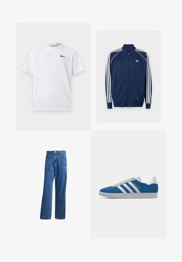 Granatowa kurtka zapinana na zamek wykonana z gładkiego materiału. Posiada biały wzór w trzy paski na rękawach oraz biały logo na klatce piersiowej.; Biała bawełniana koszulka z krótkim rękawem, z małym czarnym trójkątnym logo po lewej stronie klatki piersiowej. Okrągły dekolt, luźny krój.; Niebieskie dżinsy o wysokim stanie i szerokich nogawkach z przednimi kieszeniami, paskiem, zapięciem na guziki oraz małym logo Adidas na prawej udzie.; adidas Originals GAZELLE niebieski