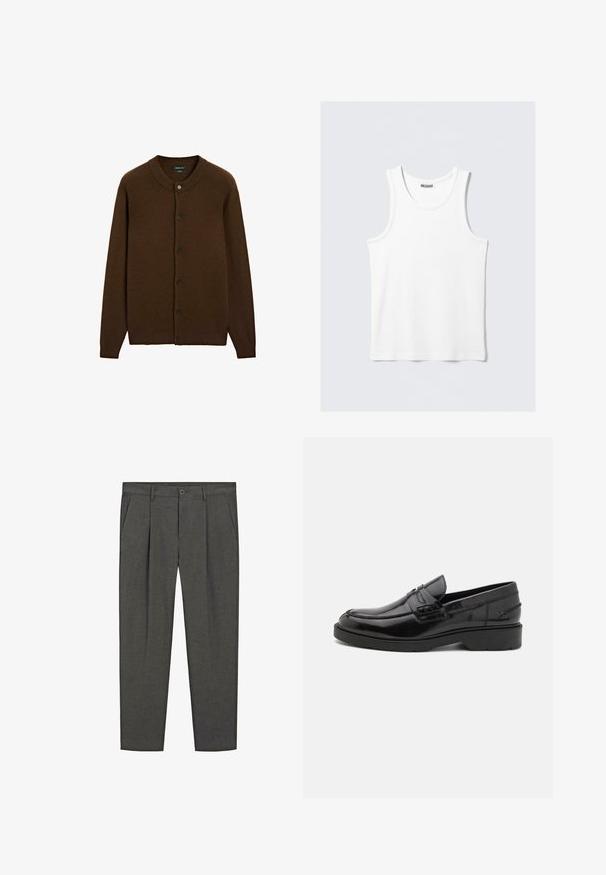 Brun uld knap-op cardigan med ribbet krave, manchetter og kant, med seks sorte knapper fortil.; Hvid tanktop med rund halsudskæring og brede stropper. Fremstillet af et glat, let stof, der har et minimalistisk design uden mønstre.; Grå skræddersyede bukser med en stikad mønster, plisseret front, sidelommer og knaplukning. Fremstillet af vævet stof, glat tekstur.; Sorte læder loafers med en glat finish, rund tå, lav hæl og dekorativ syning langs forsiden. Gummisål for godt greb.