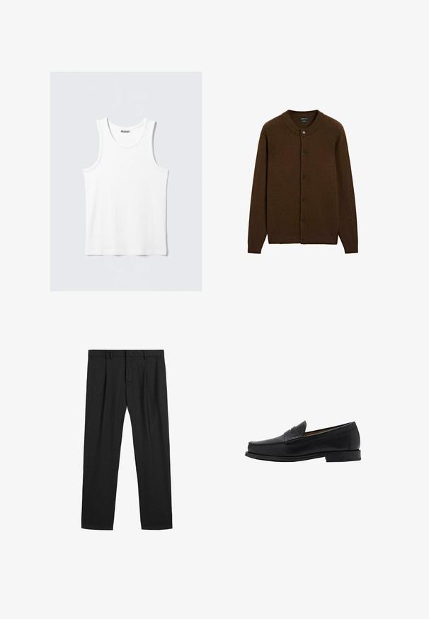 Brauner Wolle-Button-Up-Cardigan mit geripptem Kragen, Bündchen und Saum, versehen mit sechs schwarzen Knöpfen auf der Vorderseite.; Weißes Tanktop mit runder Ausschnittform und breiten Trägern. Hergestellt aus einem glatten, leichten Stoff, mit einem minimalistischen Design ohne Muster.; Schwarze plissierte Hose aus einem glatten Stoff, mit einem traditionellen Bund und geradem Bein. Keine sichtbaren Muster oder Metallteile.; Mango Business-Slipper - black