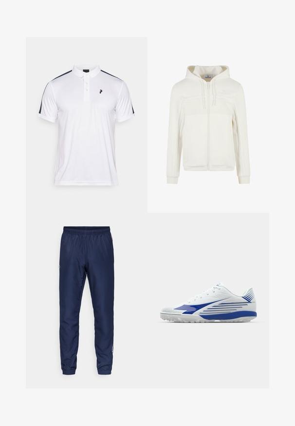 Weißer Zip-Hoodie mit strukturiertem Einsatz, ausgestattet mit einer Kordelzugkapuze und gerippten Bündchen. Hergestellt aus weichem, atmungsaktivem Material.; Weißes Poloshirt mit marineblauen Schulterstreifen, Knopfleiste mit drei Knöpfen und einem kleinen schwarzen Logo auf der Brust. Glattes, leichtes Material.; Marineblaue Sporthosen aus leichtem Material, mit einem elastischen Bund und schmal zulaufenden Bündchen, die ein kleines Logodetail an der Seite aufweisen.; Weiße Sportschuhe mit blauen Akzenten, strukturiertem Mesh-Obermaterial, geschwungenem Design und Gummisohle mit rutschfesten Mustern. Schnürverschluss für einen sicheren Sitz.