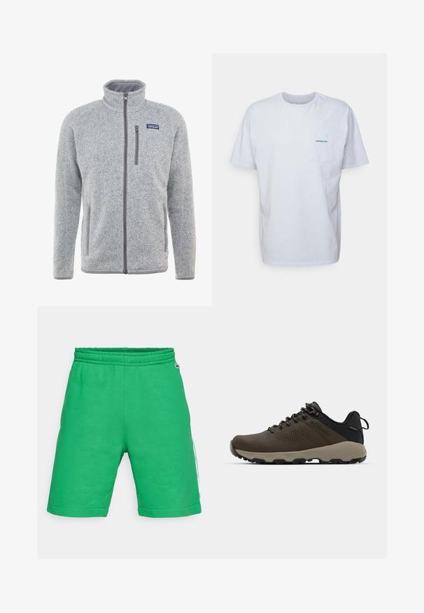 Pilkas flisinis švarkas su aukštu kaklu, pilnu užtrauktuku, šoninėmis kišenėmis ir krūtinės kišene. Ypatybės - tekstūruota medžiaga ir kontrastingi akcentai.; Balta medvilninė marškinėliai su trumpomis rankovėmis, apvaliu kaklu ir kairėje krūtinės pusėje esančia kišenėle, turinčia mėlyną "Patagonia" logotipą. Klasikinis siluetas su lygiu paviršiumi.; Žalios medvilninės šortai su elastinga juosta, iki kelių ilgio, su šoninėmis kišenėmis ir kontrastinga šonine juostele su prekės ženklo akcentais.; Rudi nepralaidūs sportbačiai su tekstūruota viršutine dalimi, perforuotomis detalėmis, juodu kulno palaikymu ir pilku guminio padu. Šniūreliai yra dekoruoti metaliniais galais.