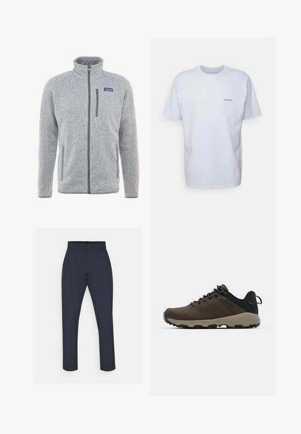 Siva flis jakna s visokim ovratnikom, punim patentnim zatvaračem, bočnim džepovima i džepom na prsima. Sadrži teksturiranu tkaninu i kontrastne detalje.; Bjela pamučna majica s kratkim rukavima, okruglim izrezom i lijevim džepom na prsima s plavim "Patagonia" logom. Klasični kroj s glatkom teksturom.; Mornarske hlače izrađene od laganog materijala, s standardnim krojem, dugmetom za zatvaranje i glatkom teksturom bez uzoraka ili ukrasa.; Smeđe vodootporne tenisice s teksturiranom gornjom i perforiranim detaljima, crnom potporom za petu i sivim gumiranim potplatom. Čipke su stilizirane s metalnim krajevima.