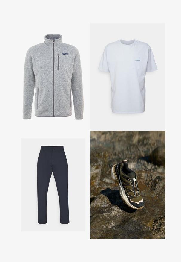 Pilkas flisinis švarkas su aukštu kaklu, pilnu užtrauktuku, šoninėmis kišenėmis ir krūtinės kišene. Ypatybės - tekstūruota medžiaga ir kontrastingi akcentai.; Balta medvilninė marškinėliai su trumpomis rankovėmis, apvaliu kaklu ir kairėje krūtinės pusėje esančia kišenėle, turinčia mėlyną "Patagonia" logotipą. Klasikinis siluetas su lygiu paviršiumi.; Jūrininkų kelnės, pagamintos iš lengvos medžiagos, su standartiniu apipavidalinimu, užsegimu mygtuku ir lygiu tekstūru, be raštų ar puošmenų.; Žygio batai olivų žalios ir juodos spalvos su rožiniais akcentais. Turi tekstūruotą viršutinę dalį, lankstų pado tipą, sustiprintą pirštų dalį ir spalvingą raištelių sistemą.