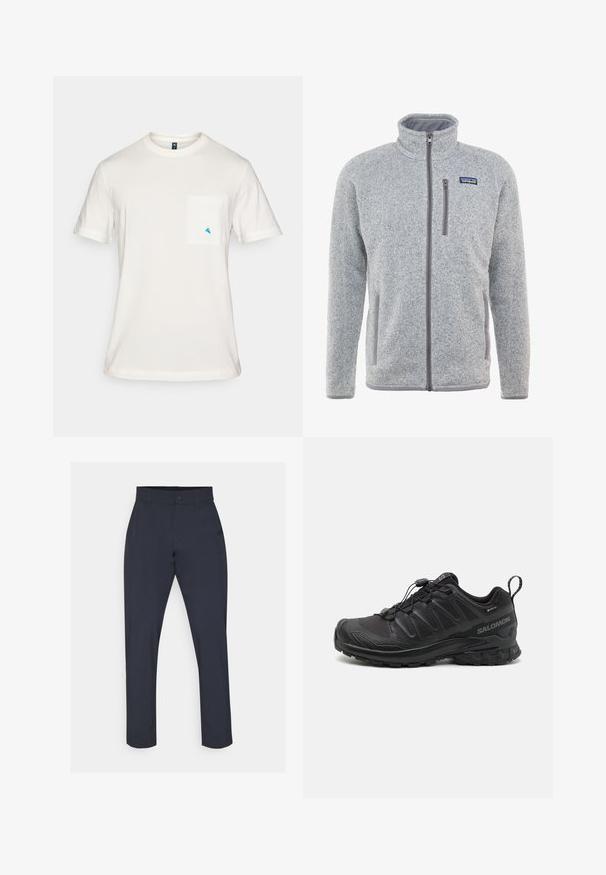 Hall suhkrukate kõrge kraega, täispikkuselt lukuga, küljetaskud ja rinnaehted. Omab tekstuurset kangast ja kontrastseid toone.; Valge puuvillane T-särk lühikeste varrukatega, ümar kaelus ja vasakul rinnal tasku, millel on väike sinine kolmnurkne logo.; Tumed püksid, mis on valmistatud kergest kangast, standardse jahutusega, nööpkinnitusega ning sileda tekstuuriga, ilma mustrite või kaunistusteta.; Must have piisii mustriga sünteetiline pealis, pehme tallaga ja kiire lukkusüsteemiga mustad spordijalatsid. Omab tugevdusi varba- ja kannaosas.