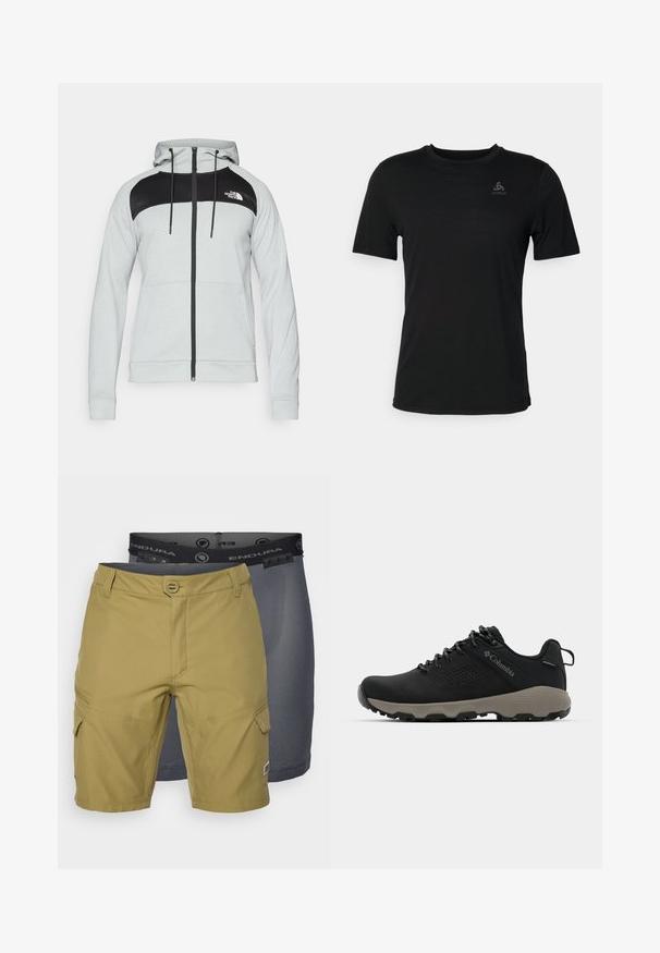 Vaalean harmaa vetoketjuhuppari, jossa on musta väri- jaoteltu muotoilu yläosassa edessä. Hupparissa on kiristysnaru ja etutaskut.; Musta t-paita, joka on valmistettu kevyestä kankaasta, pyöreällä kaula-aukolla, lyhyillä hihoilla ja pienellä brändilogolla vasemmalla ylhäällä.; Kaksi paria shortseja: yksi oliivivihreä taskuilla ja tekstuurilla varustettu vyötärö, ja yksi tummanharmaa verkkomateriaali, joka näkyy alla.; Mustat vaelluskengät, joissa on sileä yläosa, rei'itetty muotoilu, harmaa pohja ja vahvistettu kantapää. Varustettu nauhoilla ja vetoketjulla helppoa päällepukua varten.