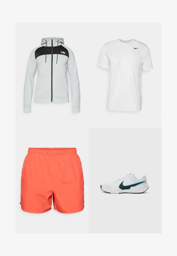 Light gray zip-up hoodie with black color-blocked design on the upper front, featuring a drawstring hood and front pockets.; White short-sleeve t-shirt made of smooth fabric. Features a round neck and a small black Nike logo on the left chest.; Coral athletic shorts with an elastic waistband, lightweight material, and a small reflective logo on the lower left side.; White athletic shoe with textured mesh upper, black rubber sole, and teal Nike swoosh accent. Features laces and padded collar.