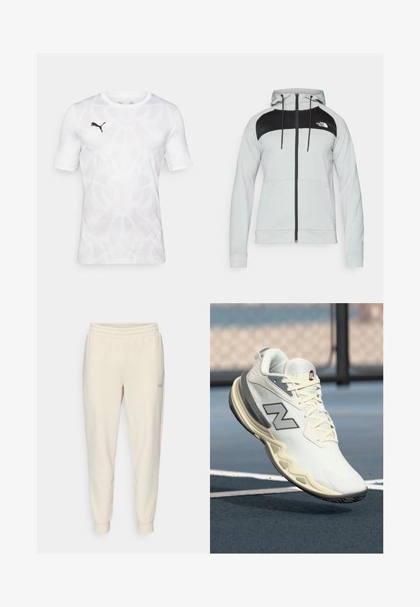 Vaalean harmaa vetoketjuhuppari, jossa on musta väri- jaoteltu muotoilu yläosassa edessä. Hupparissa on kiristysnaru ja etutaskut.; Valkoinen urheilupaita lyhyillä hihoilla, jossa on hienovarainen kuvio ja musta Puma-logo vasemmassa rinnassa. Suloinen rakenne, pyöreä pääntie.; Harmaan beige-nuoren naruhousut, joissa on joustava vyötärö, resorit nilkoissa, sivutaskut ja pieni logo vasemmassa reidessä.; Valkoinen urheilujalkine, jossa on tekstuuripintaa, harmaat yksityiskohdat ja erottuva kaareva pohja. Varusteena kudotut nauhat ja brändilogo sivussa.