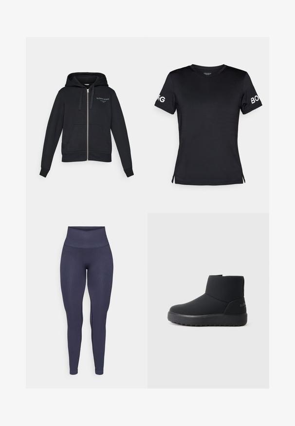 Zwarte rits-hoodie gemaakt van zacht materiaal met een buidelzak, verstelbare trekkoordcapuchon en geborduurd logo in lichtgroen.; Zwarte t-shirt met korte mouwen, vervaardigd van een soepele stof. Heeft een ronde halslijn en het "BORG" logo in het wit op de rechtermouw.; Navyblauwe geribde leggings met een hoge tailleband, een aansluitend ontwerp en een gladde textuur, met subtiele zijkantdetails.; Zwarte enkellaarsjes met een gladde buitenkant, ronde neus, subtiele naaddetails en een dikke, gestructureerde zool. Bevat een logo aan de achterkant.