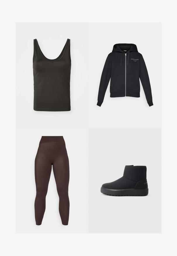 Melnā kapuce ar rāvējslēdzēju, izgatavota no mīksta materiāla, ar kangaroo kabatu, regulējamu kapuci ar auklu un izšūtu logotipu gaiši zaļā krāsā.; Melnā bezpiedurkņu T-krekls ar noapaļotu kakla izgriezumu, izgatavots no gludas, stiepšanās auduma. Vienkāršs dizains ar tīrām malām, piemērots kārtot. ; Tumši brūnas augsto jostasvietu bezšuvju legingi ar pieguļošu piegriezumu un gludu tekstūru, attēloti uz vienkārša balta fona.; Melni potītes ar gludu ārējo virsmu, noapaļu pirkstu, nemanāmu šuvju detaļām un biezām teksturētām zolēm. Aizmugurē ir logo.