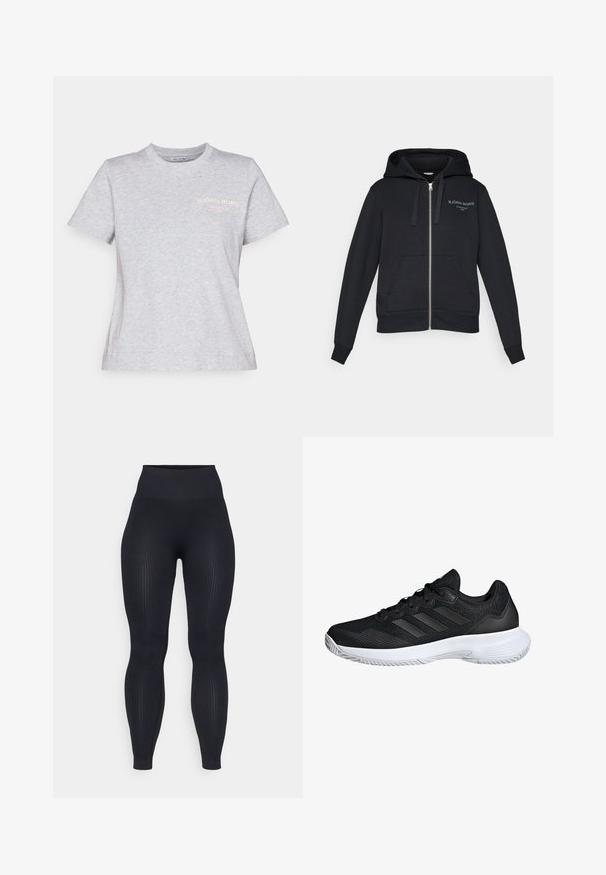 Melnā kapuce ar rāvējslēdzēju, izgatavota no mīksta materiāla, ar kangaroo kabatu, regulējamu kapuci ar auklu un izšūtu logotipu gaiši zaļā krāsā.; Pelēka kokvilnas T-krekls ar apaļu izgriezumu, īsām piedurknēm un rozā izdrukātu logo "BJÖRN BORG STOCKHOLM 1986" uz krūtīm.; Melnas ribotas legingi ar augstu jostas vietu, izgatavoti no elastīga materiāla. Iezīmes gluda tekstūra ar vertikālām rakstām.; Melnas sporta kurpes ar sietu augšdaļu, sintētiskā āda akcentiem, plakanu šņorēm un baltu gumijas zoli, kas aprīkota ar teksturētu saķeres rakstu.