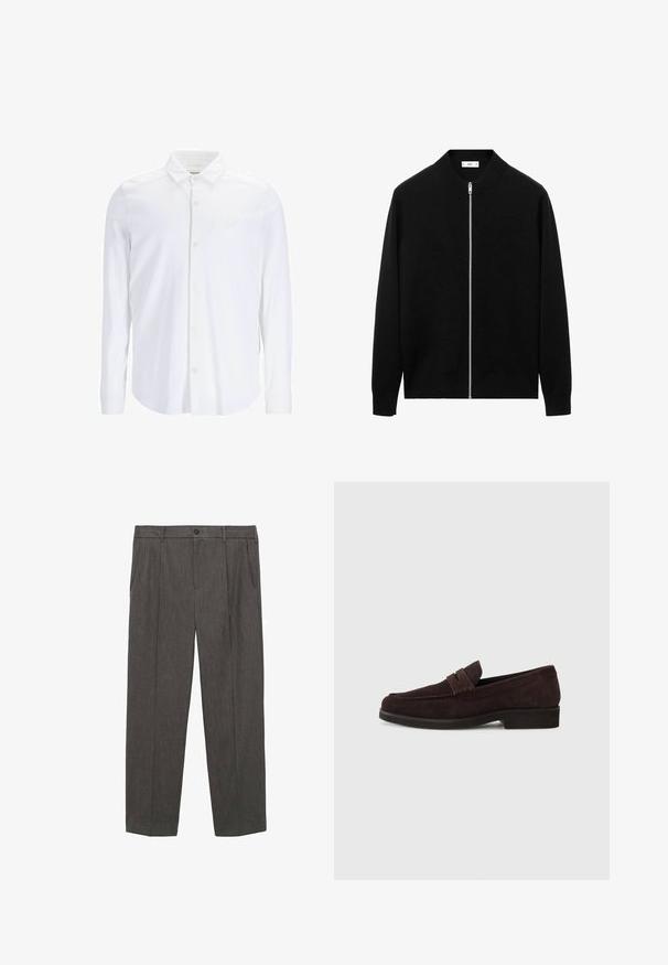 Cardigan lung cu mâneci lungi, cu fermoar, de culoare neagră, cu guler zimțat și fermoar argintiu, expus pe un fundal alb.; Cămașă albă cu mâneci lungi, tip button-up, realizată dintr-un material neted, având un guler clasic, deschidere frontală și un accent subtil cu logo pe piept.; Pantaloni gri, croiți, dintr-un material texturat. Prezintă o închidere cu nasture, două buzunare frontale și un design cu picioare drepte.; Mocasini din suede maro cu un profil scăzut și vârf rotunjit. Prezintă o curea decorative pe partea superioară, talpă din cauciuc plat și fără cusături vizibile.