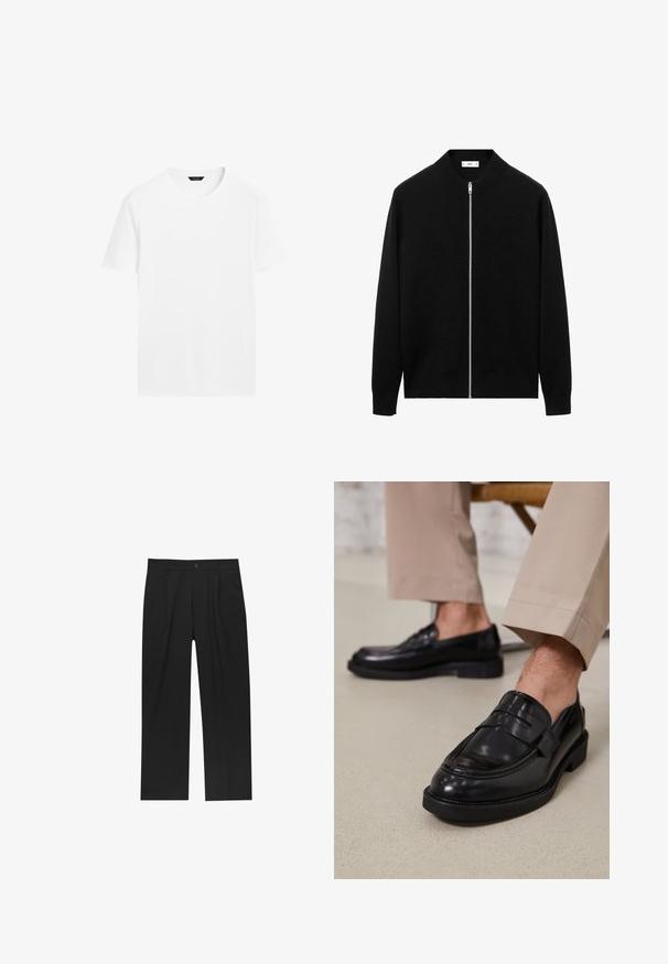 Svart långärmad zip-up cardigan med ribbat krage och silverfärgad dragkedja, visad mot en vit bakgrund.; Vit bomullströja med rund hals, korta ärmar och rak skärning. Har en mjuk, lätt textur och inga synliga mönster.; Svarta byxor med rak ben-design, tillverkade av ett jämnt tyg. Har framfickor och en enkel knapplåsning i midjan.; Svarta läder loafers med en slät finish, prydda med en dekorativ rem och kontrastsöm, tillsammans med beiga byxor.